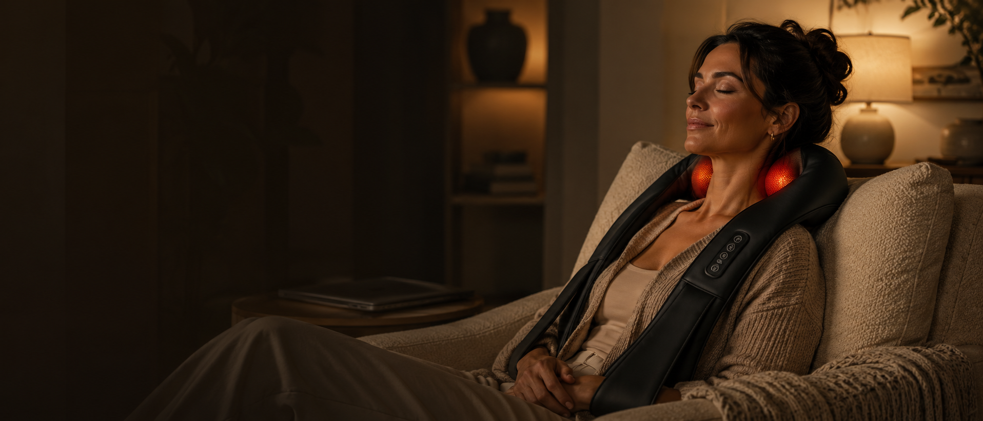 Woman relaxing on a sofa in warm evening light using the Aerlang Shiatsu Massager, red glow visible at the neck