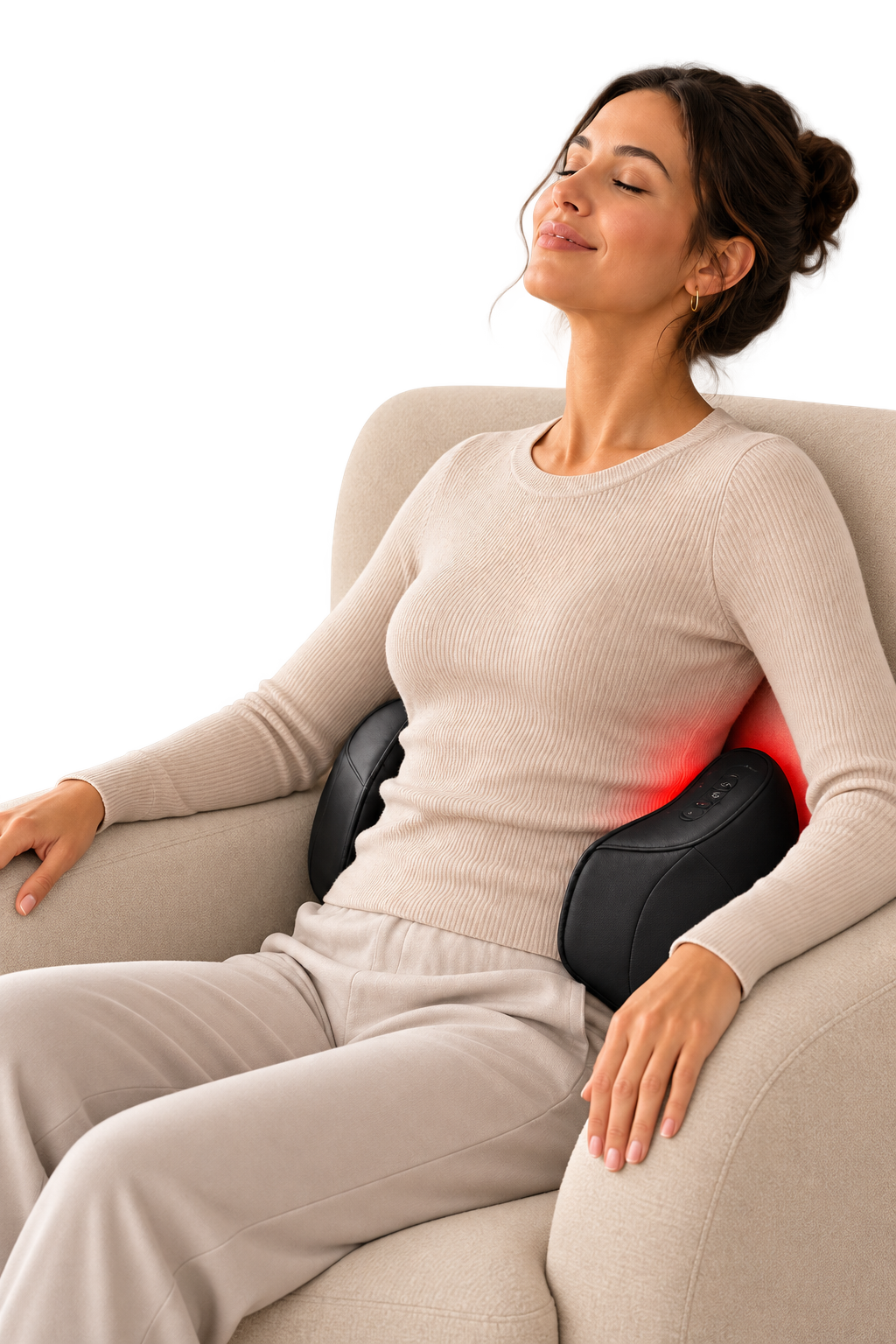 Woman seated with the Aerlang Shiatsu Massager positioned at her lower back
