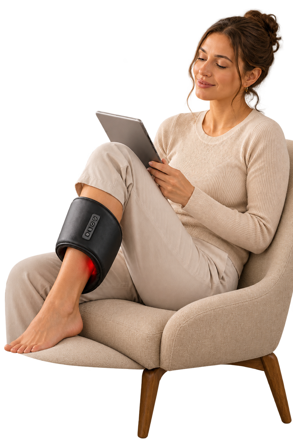 Woman with the Aerlang Shiatsu Massager wrapped around her calf