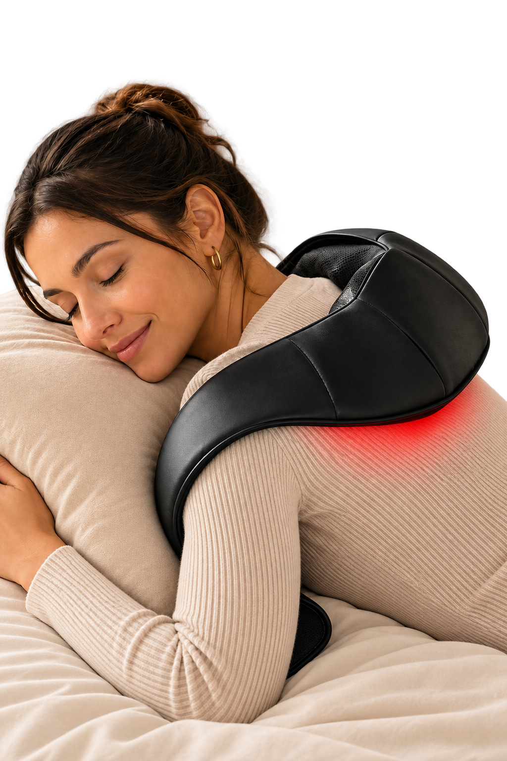 Woman lying down with the Aerlang Shiatsu Massager on her upper back