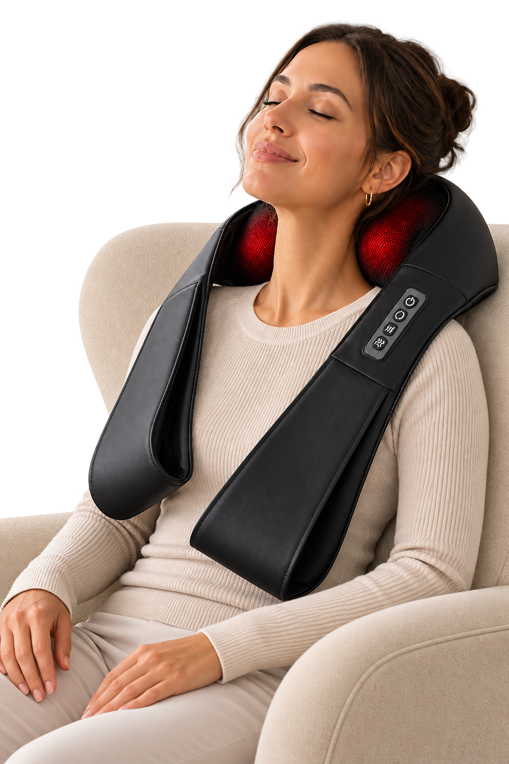 Woman relaxing in an armchair with the Aerlang Shiatsu Massager around her neck and shoulders