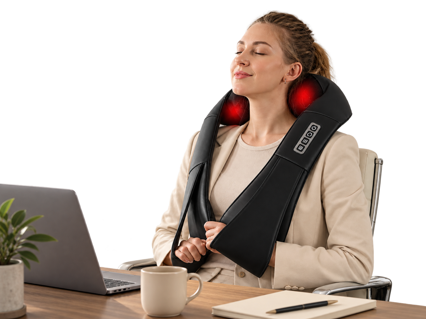 Woman using the Aerlang Shiatsu Massager on her neck and shoulders
