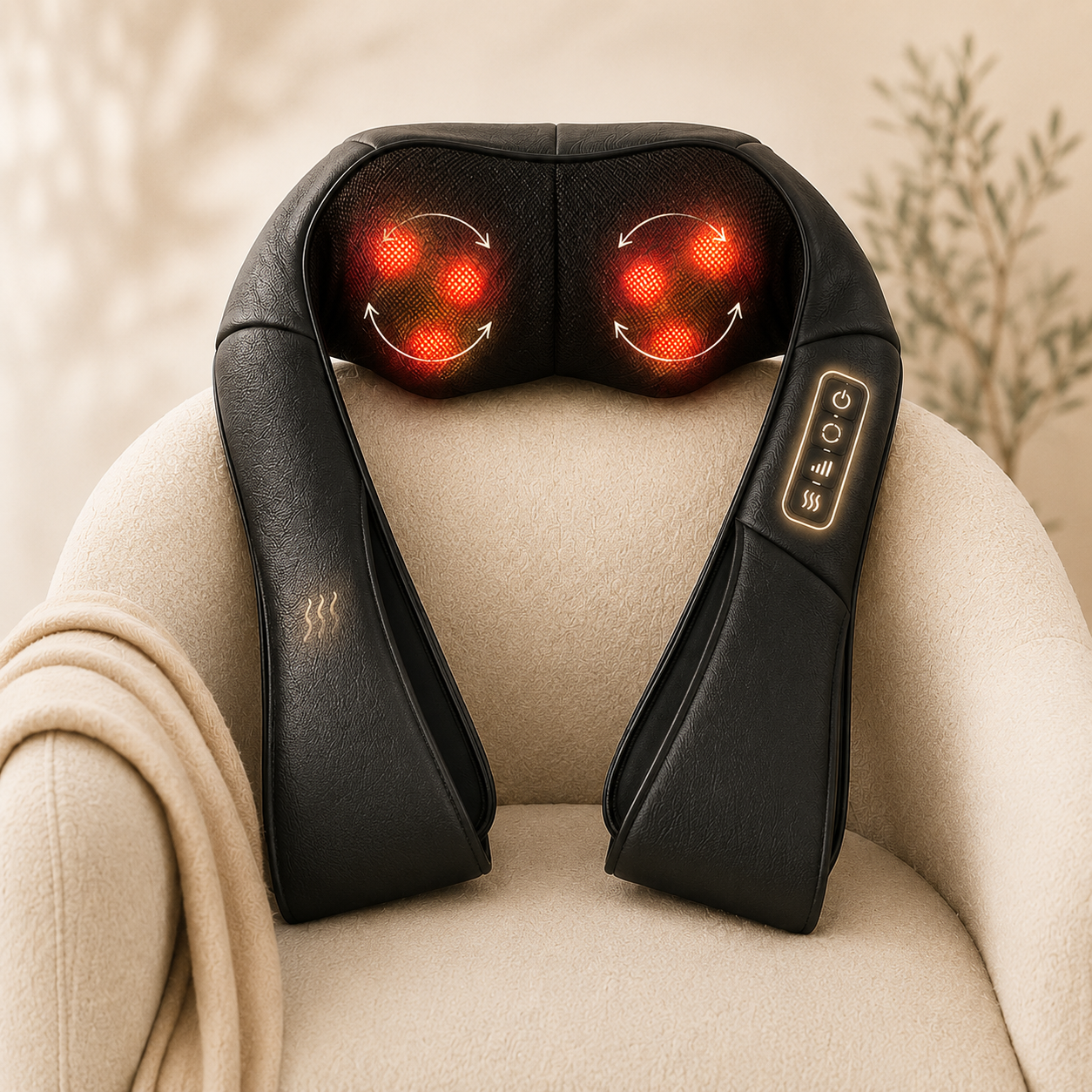 Aerlang Shiatsu Massager on a chair — glowing red kneading nodes with rotation arrows, wraparound straps, and highlighted control panel