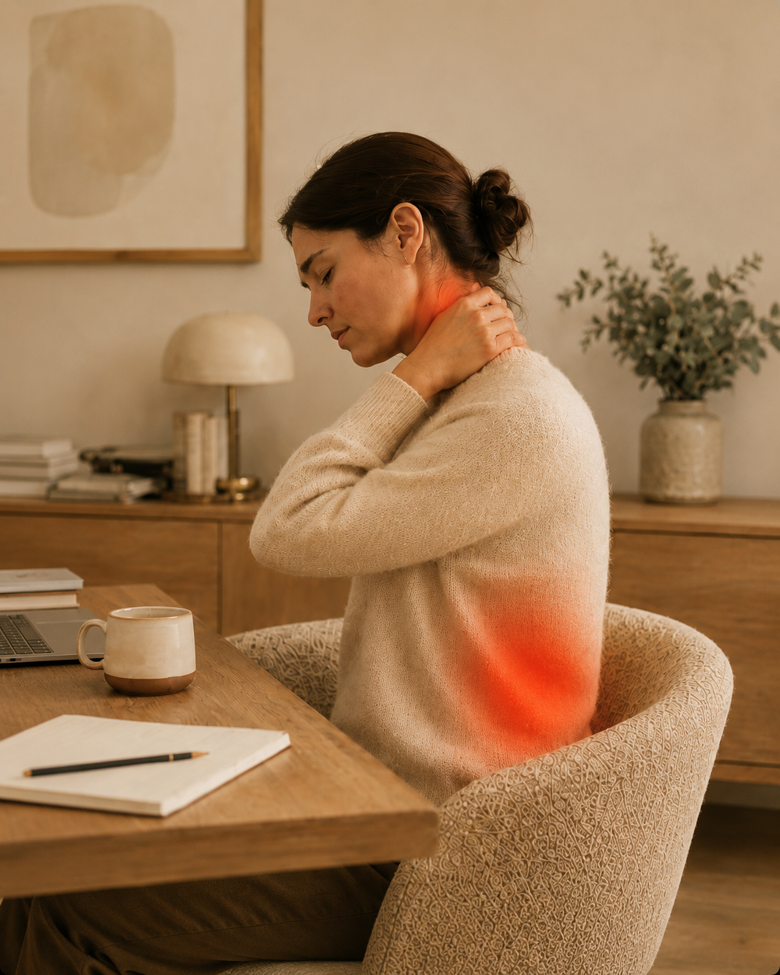 Woman at her desk holding her neck, red pain markers visible at the neck and lower back