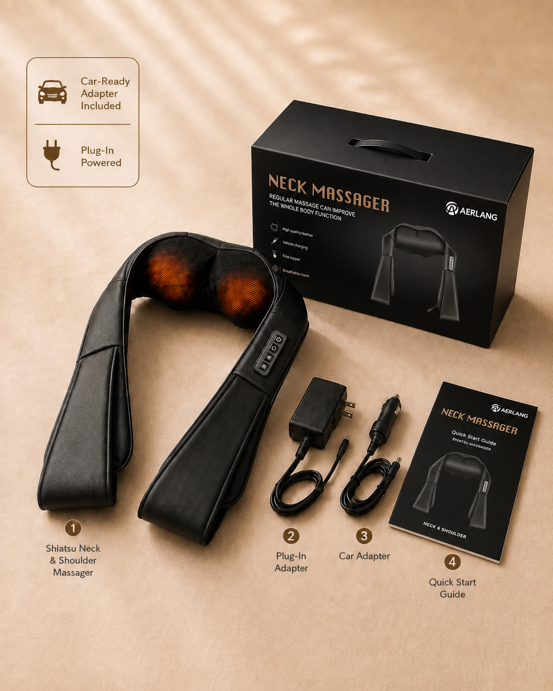 Aerlang Shiatsu Massager with wall adapter, car adapter, and its box